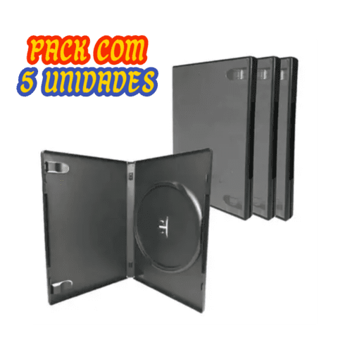 Kit com 5 Box Case Capa Estojo para CD/DVD Amaray Preto Tradicional