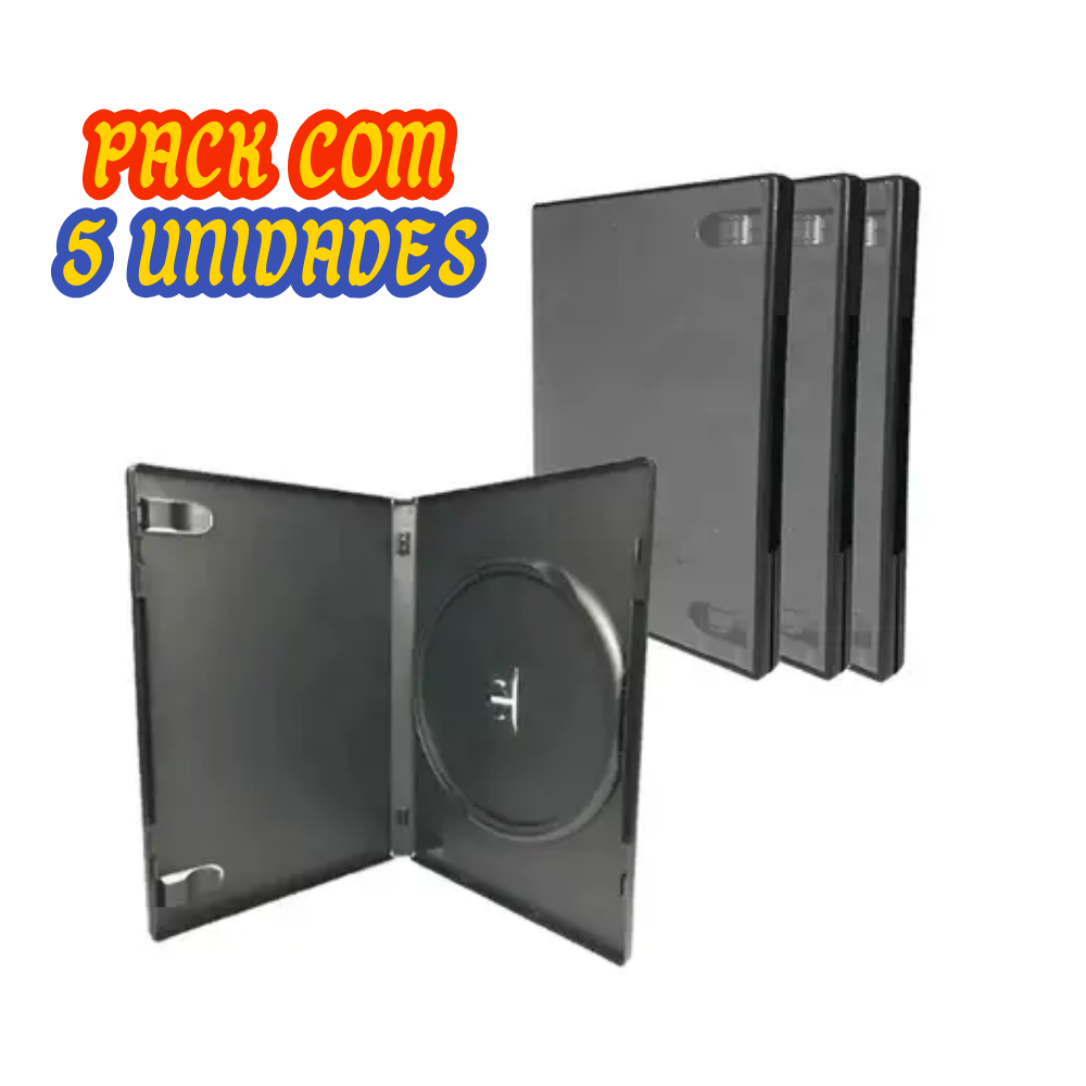 Kit com 5 Box Case Capa Estojo para CD/DVD Amaray Preto Tradicional