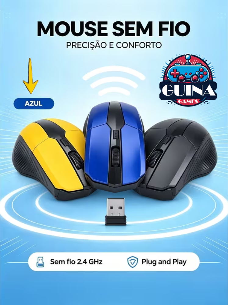 Mouse Sem Fio 2.4GHz USB Óptico com Botões de Precisão